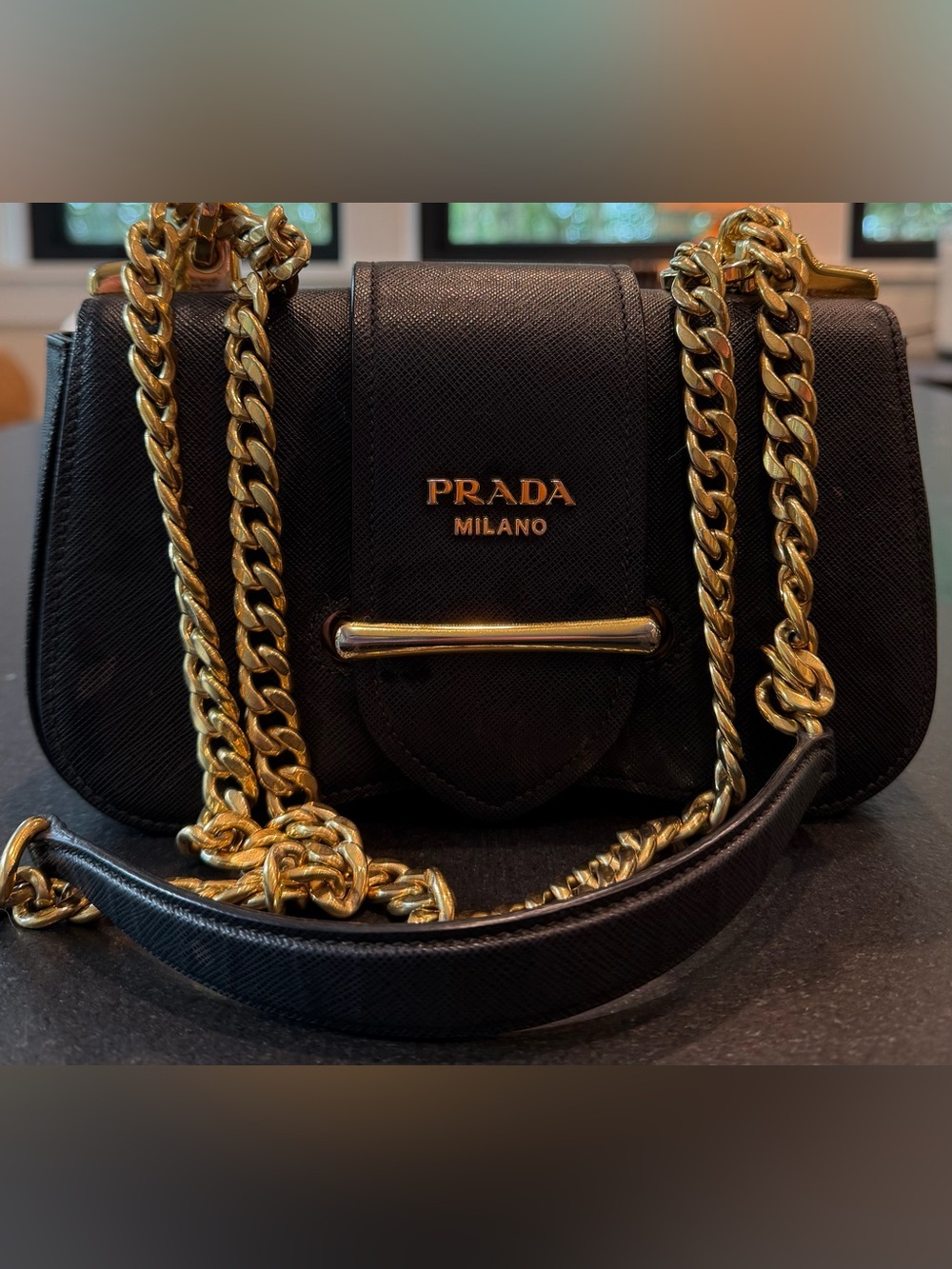 Prada Sidonie Black Saffiano Leather Gold Chain Shoulder Crossbody Designer Bag - Picture 5 of 17